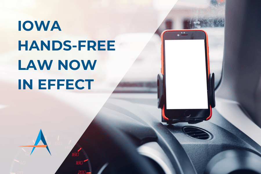 Iowa Hands-Free Law Now in Effect text overlayed over an image of a phone in a car mount with an Accel 'A' in the corner of the image.